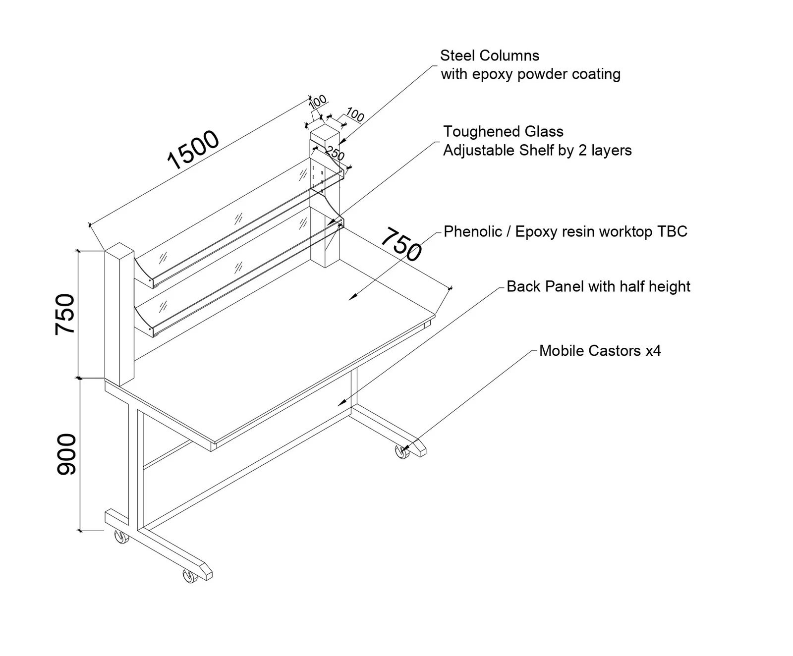 Mobile lab bench with shelving 1800 mm drawing - Saudi Arabia