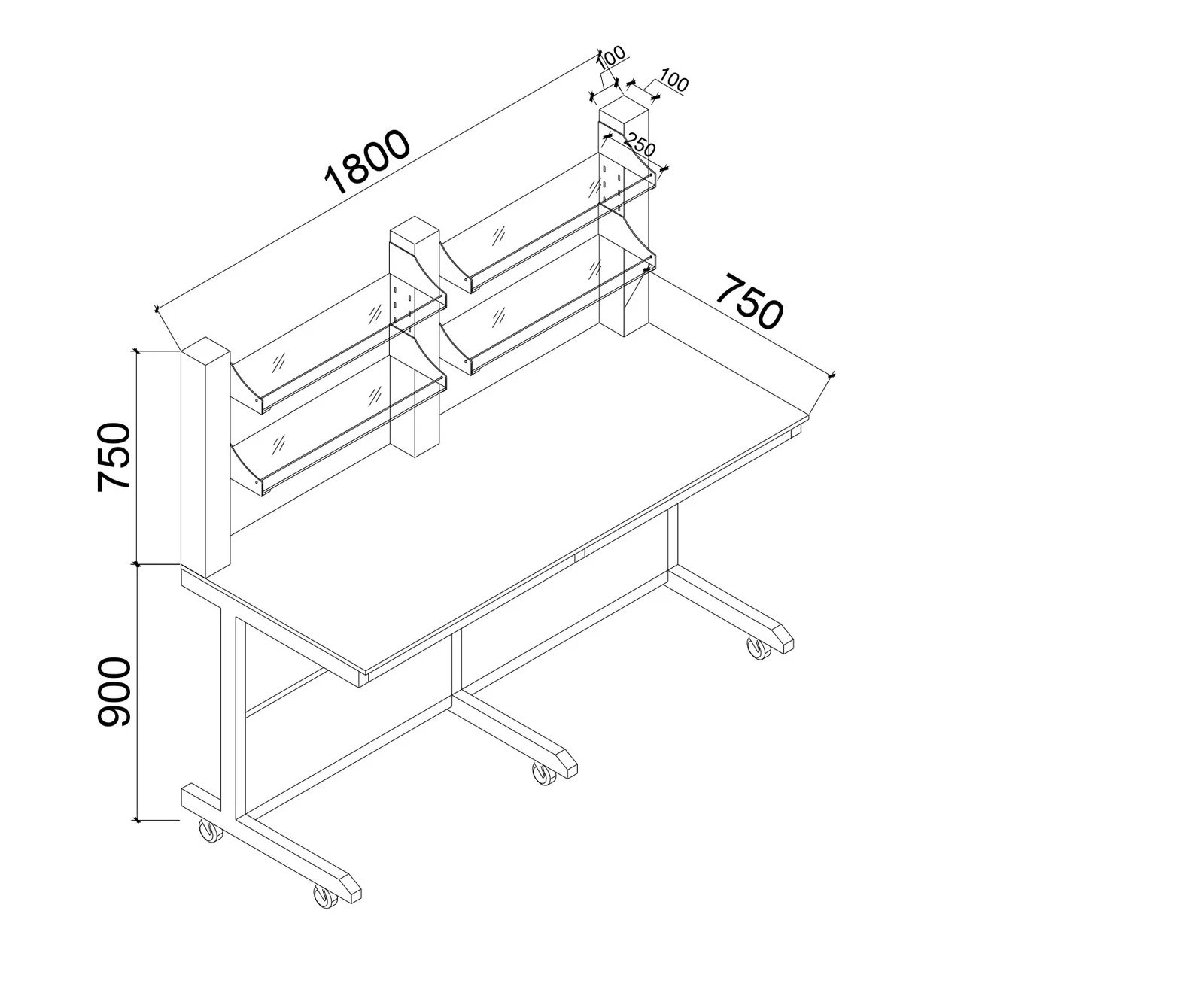 Mobile lab bench with shelving 1800 mm drawing - Saudi Arabia