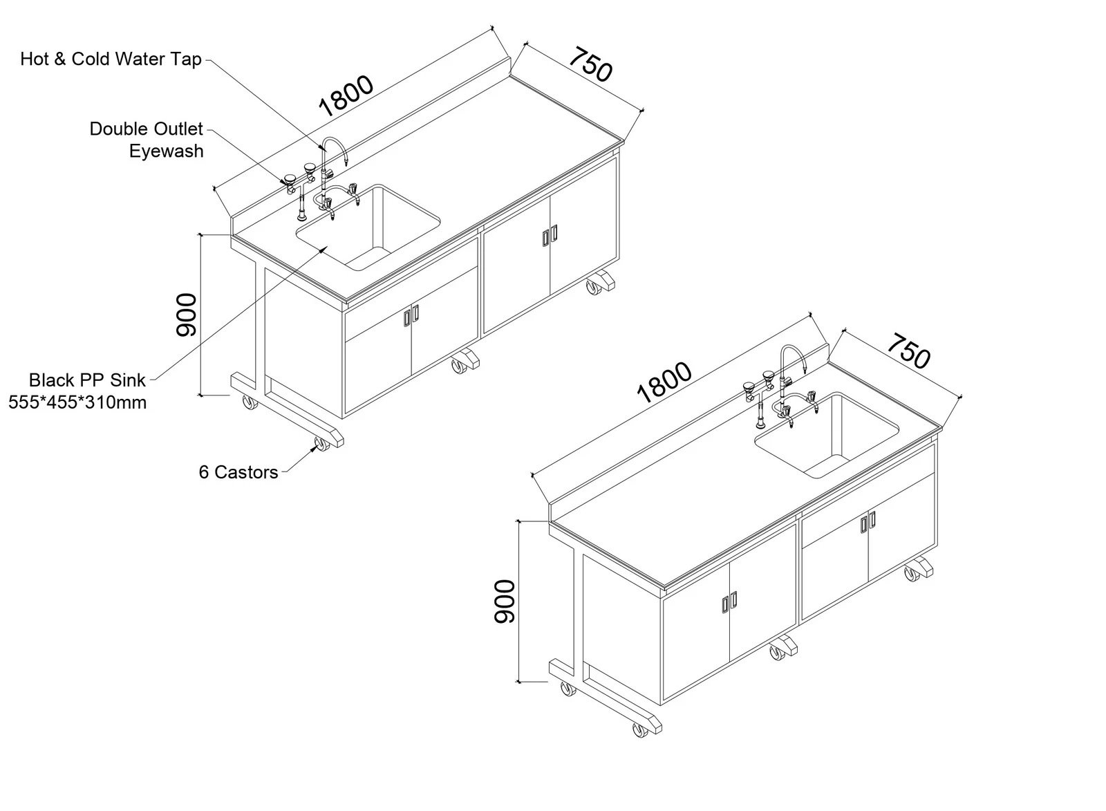 Mobile sink lab bench 1800 x 750 x 900 mm drawing - Saudi Arabia