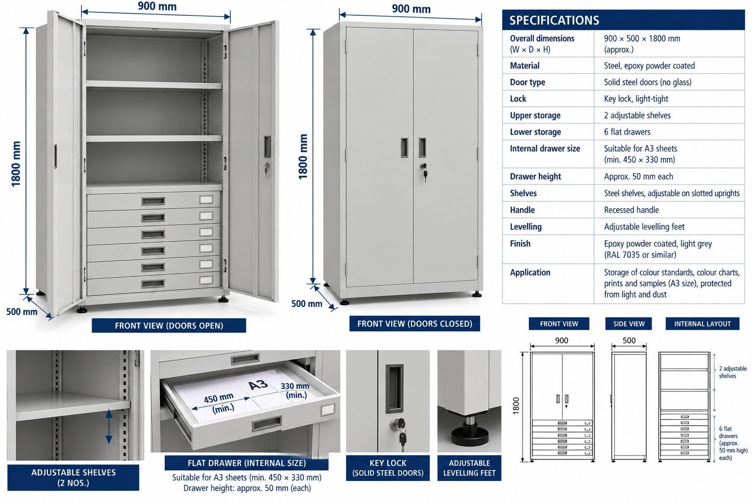 Lockable steel colour standards cabinet 900 x 500 x 1800 mm with 6 flat A3 drawers and 2 adjustable shelves
