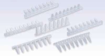 PCR 8-strip tubes 0.1 mL and 0.2 mL with flat caps, clear or white